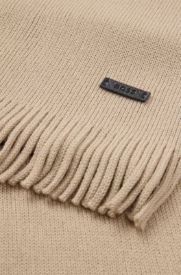Logo-plaque scarf in virgin wool, Light Beige
