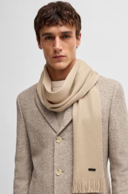 Logo-plaque scarf in virgin wool, Light Beige