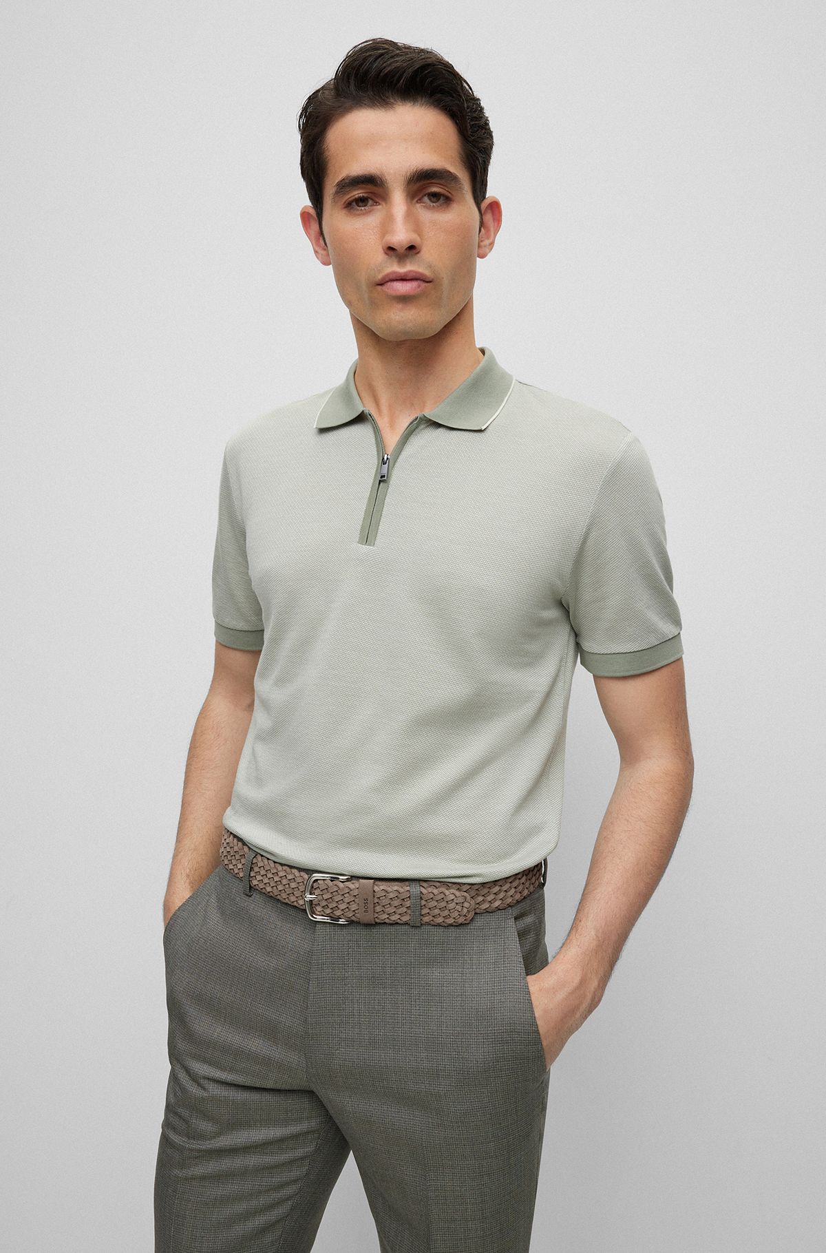 Micro-patterned polo shirt in cotton and silk