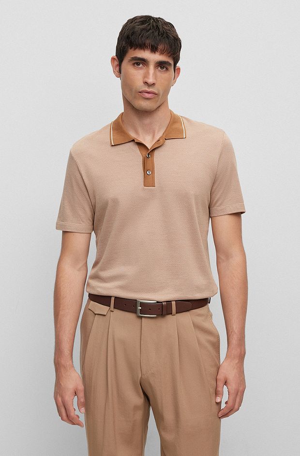 Slim-fit polo shirt in structured cotton and silk, Beige