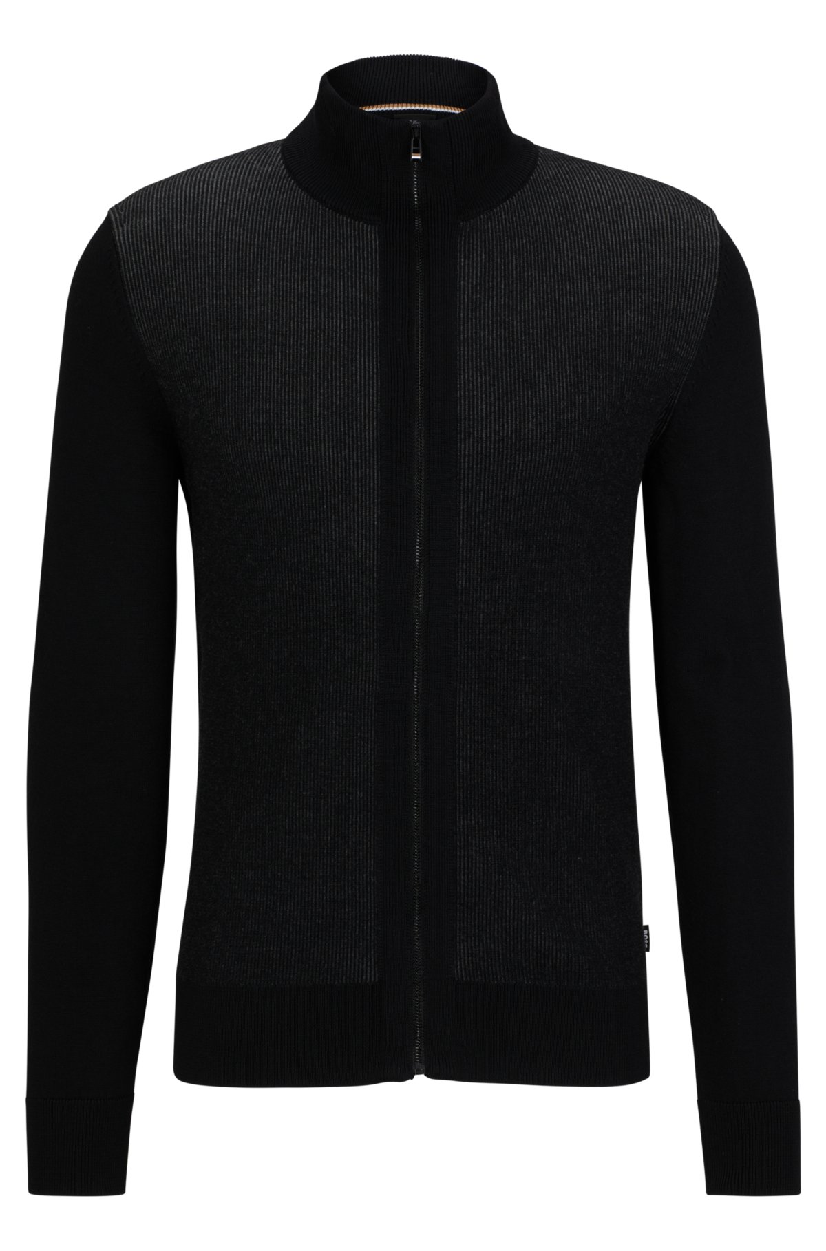 Zip-up cardigan with mixed structures, Black