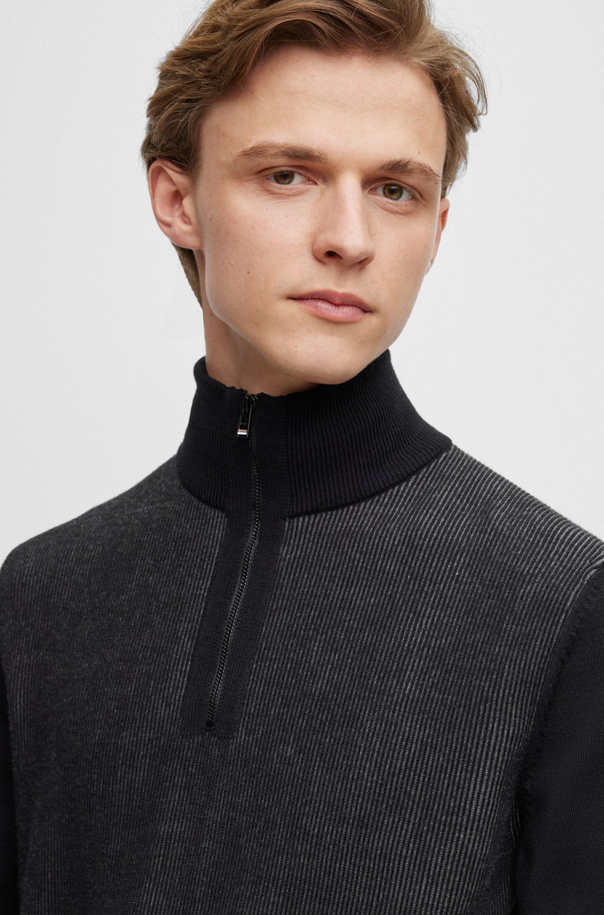 BOSS - Mixed-material zip-neck sweater in wool-cotton blends