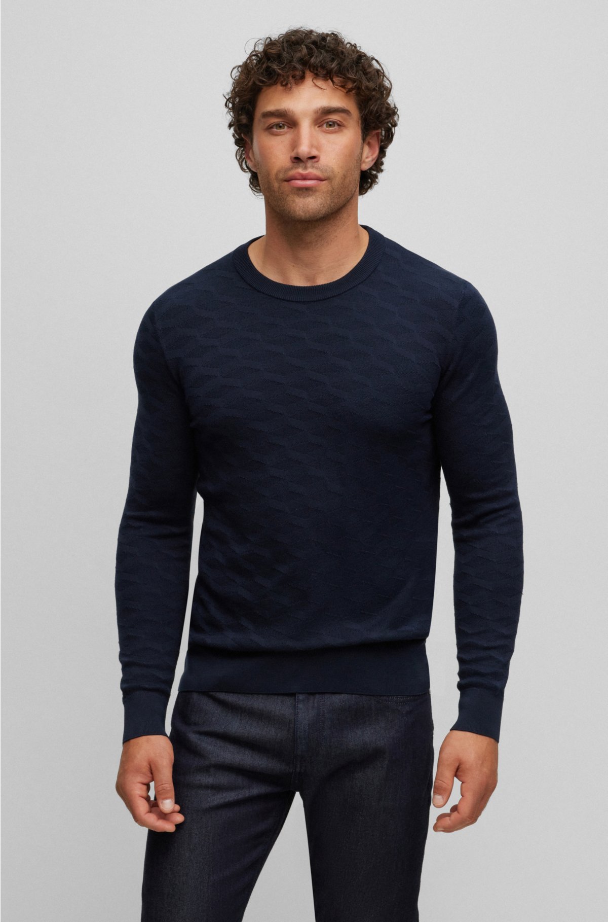 Silk sweater with jacquard pattern, Dark Blue