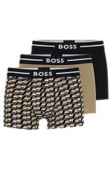Three pack of stretch-cotton trunks with logo waistbands, Patterned