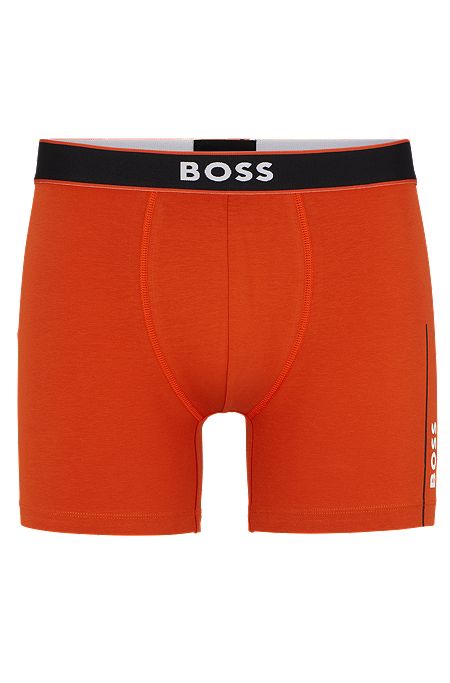 Boxer long en coton stretch à logos et rayures, Orange foncé