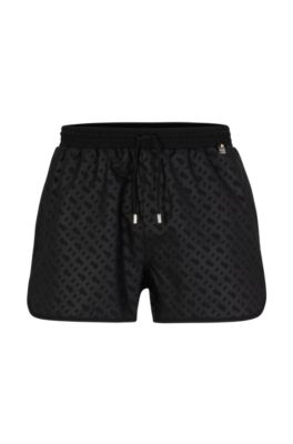 Shop Hugo Boss Monogram-print Swim Shorts In Quick-drying Fabric In Black