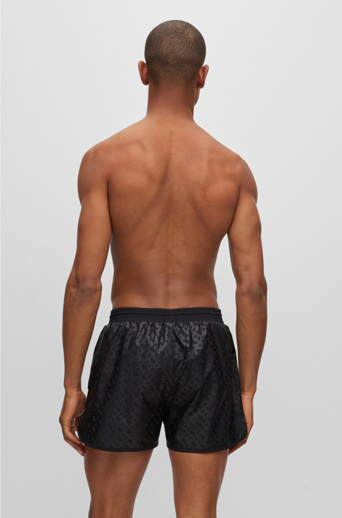 Black & Gray Monogram Print Swim Shorts - Swimwear for Men