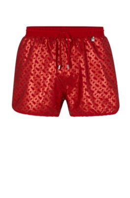 Shop Hugo Boss Monogram-print Swim Shorts In Quick-drying Fabric In Red