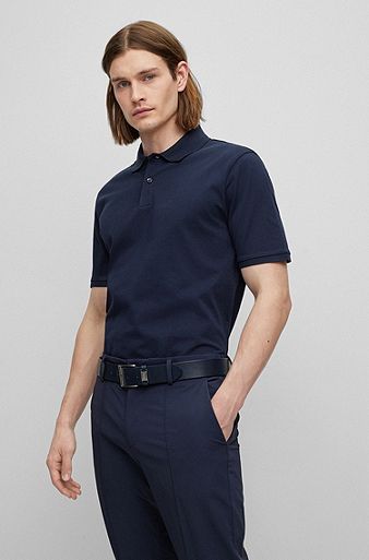 Regular-fit polo shirt in structured cotton, Dark Blue