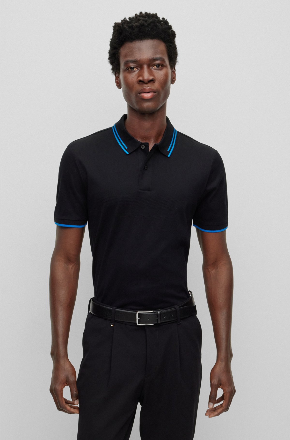 Interlock-cotton slim-fit polo shirt with jacquard stripes, Black