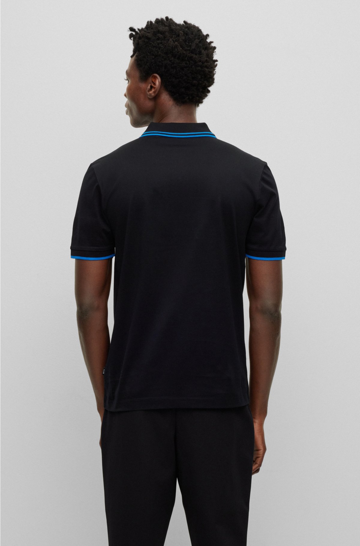 Interlock-cotton slim-fit polo shirt with jacquard stripes, Black