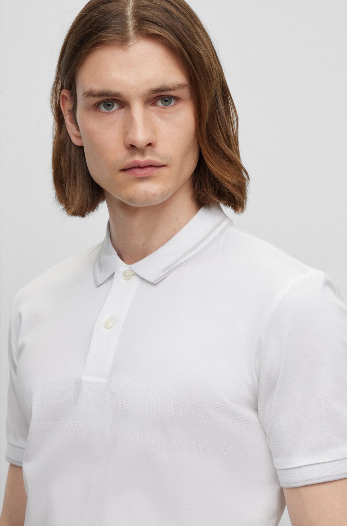 Interlock-cotton slim-fit polo shirt with jacquard stripes, White