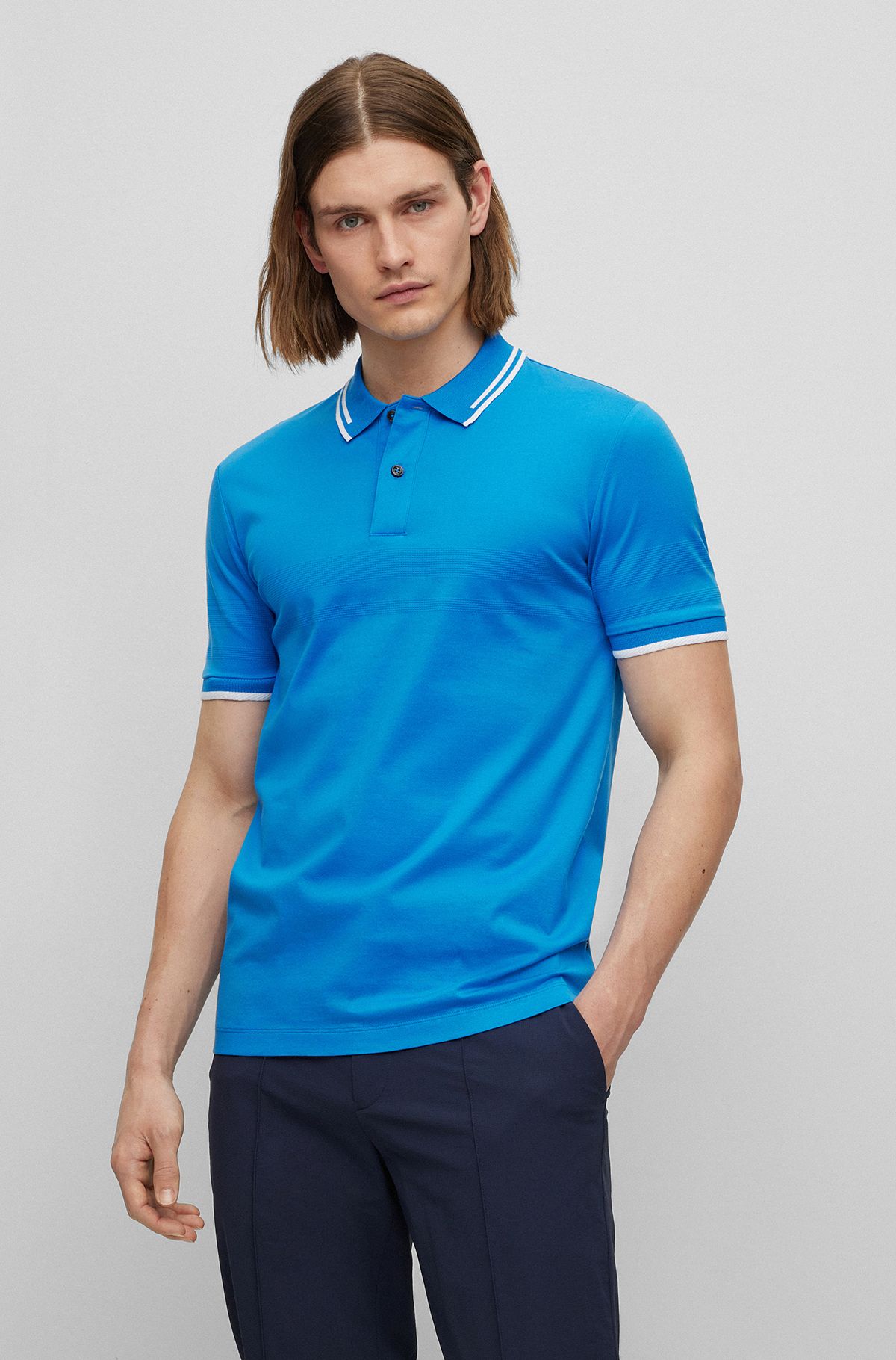 Polo Slim Fit en coton interlock avec rayures jacquard, Bleu