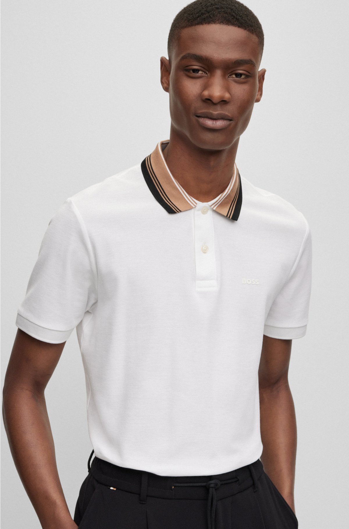 Cotton-piqué slim-fit polo shirt with striped collar, White