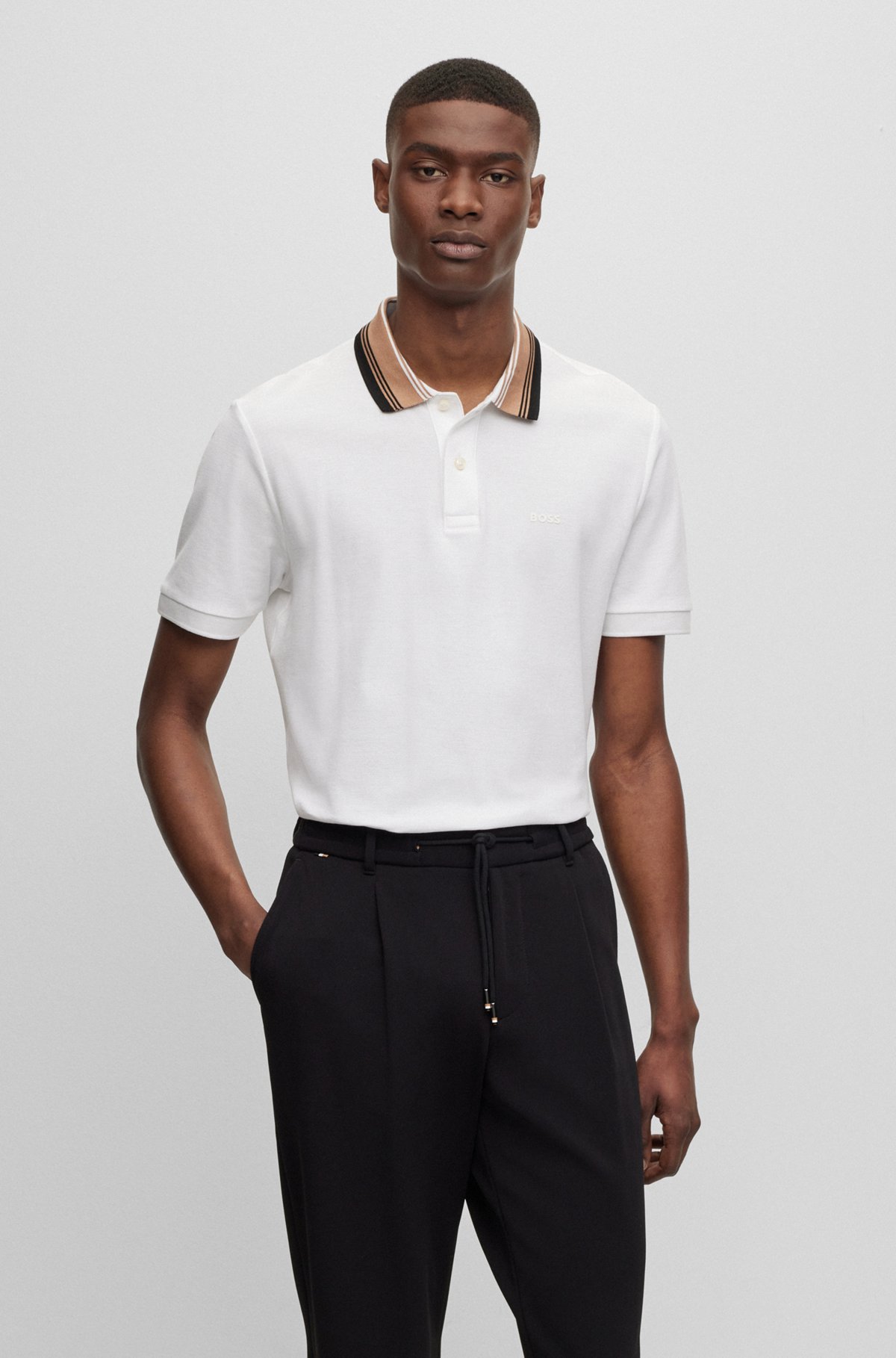 BOSS - Cotton-piqué slim-fit polo shirt with striped collar