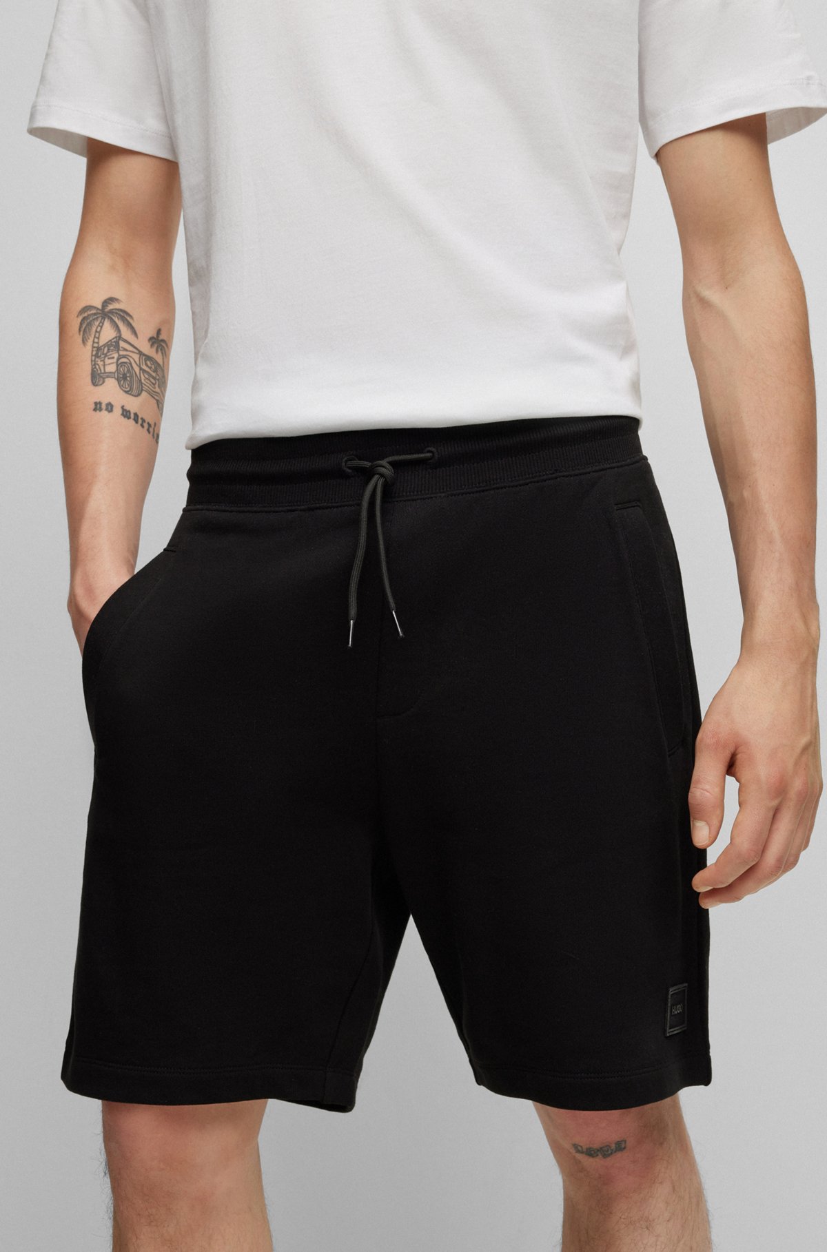HUGO - Cotton-terry shorts with tonal logo badge