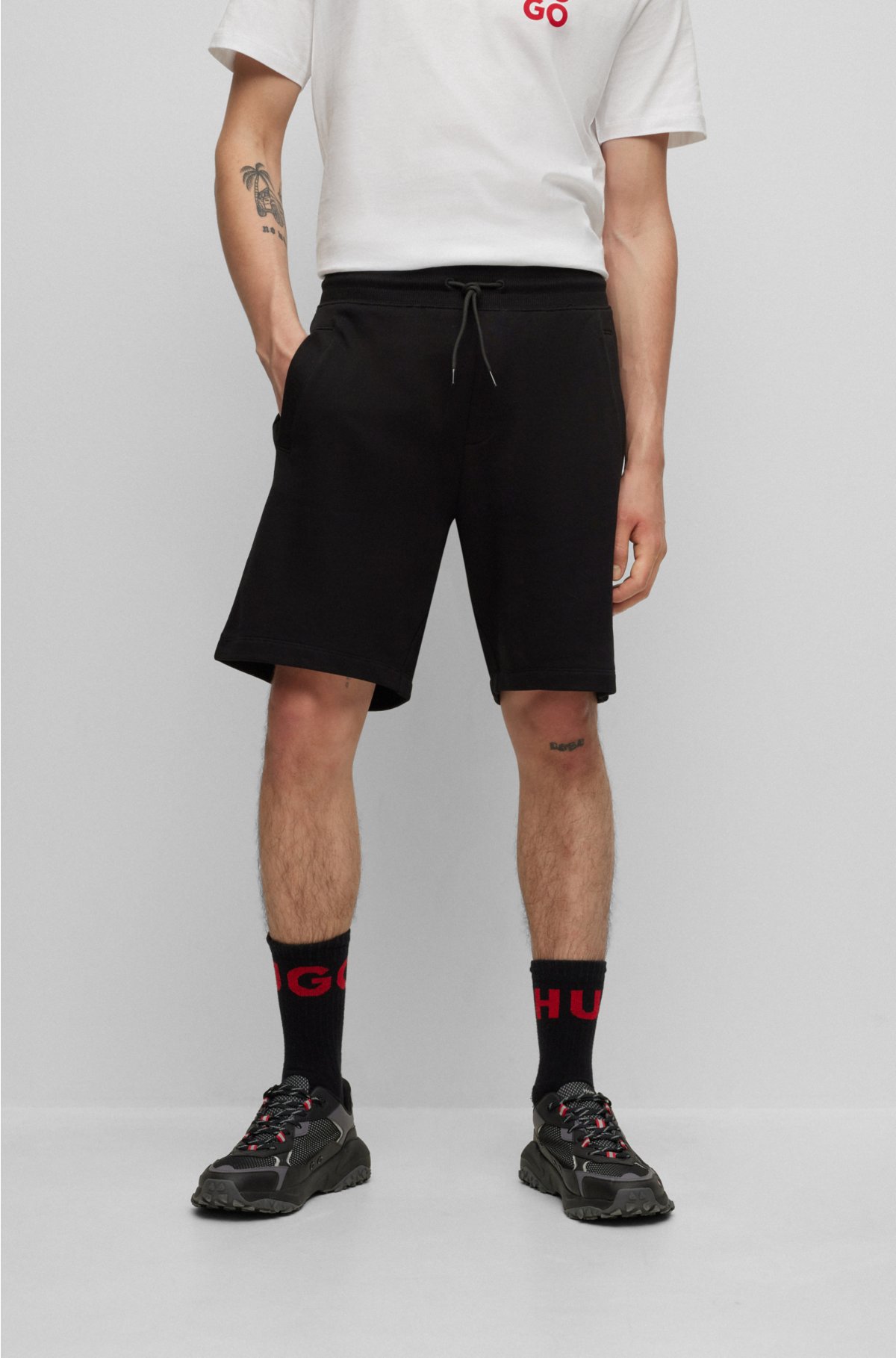 HUGO - Cotton-terry shorts with tonal logo badge