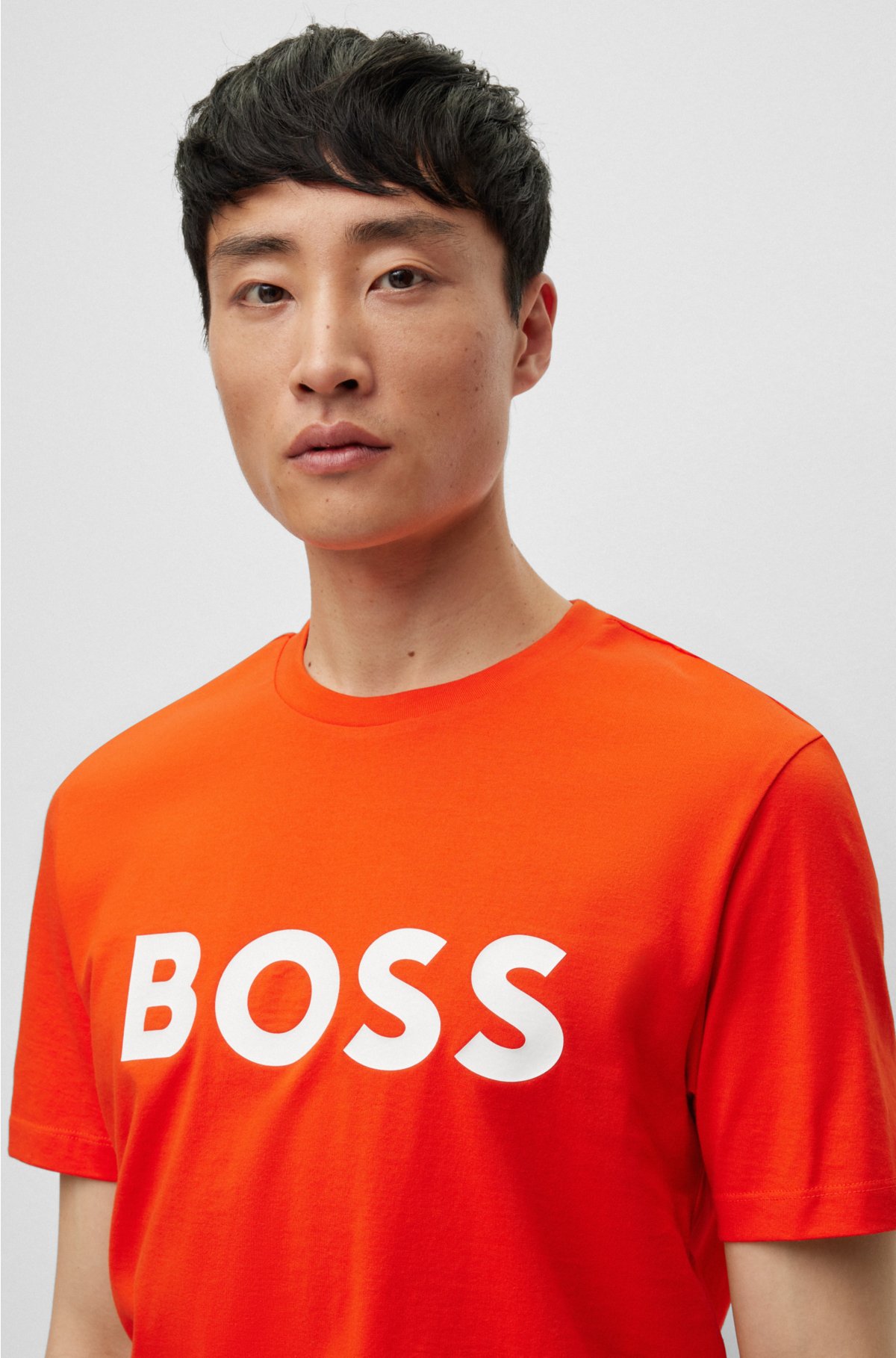 Cotton-jersey T-shirt with rubber-print logo, Orange