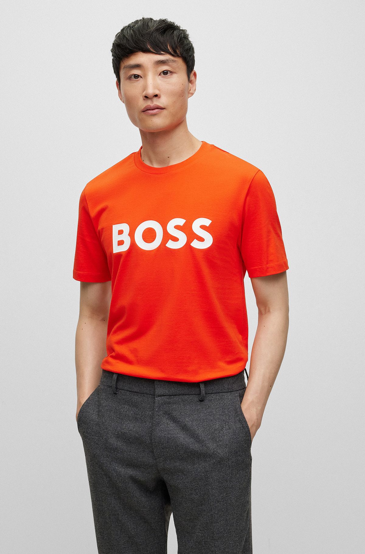 Cotton-jersey T-shirt with logo print, Orange