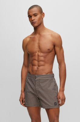 Shop Hugo Boss Quick-drying Swim Shorts With Hounstooth Pattern In Beige