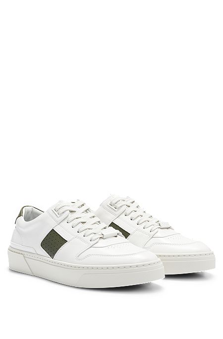 Leather low-top trainers with signature-stripe trim, White