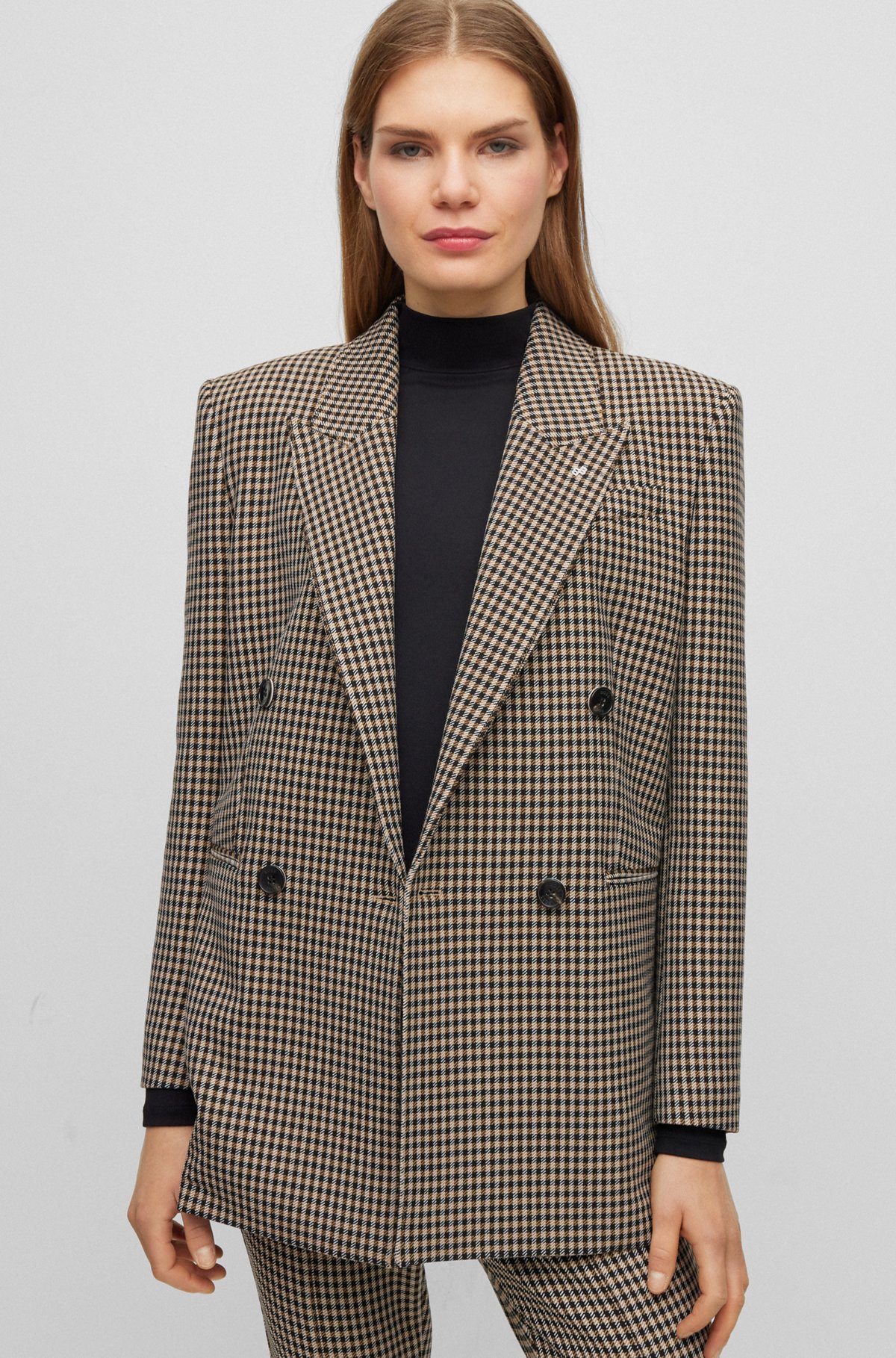 BOSS - Double-breasted relaxed-fit jacket in houndstooth stretch cloth