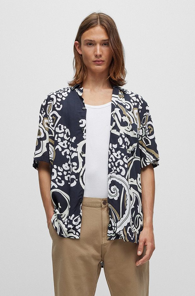 Relaxed-fit shirt in paisley-print canvas, Black