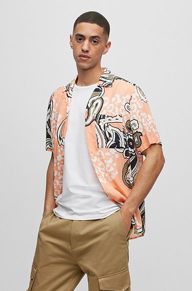 Relaxed-fit shirt in paisley-print canvas, Light Red