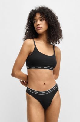 Three-pack of stretch-cotton thongs with logo waistbands, Light Brown