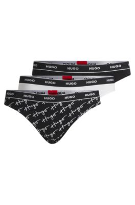 Three-pack of stretch-cotton thongs with logo waistbands, Patterned