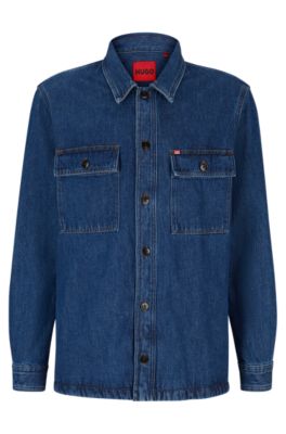 HUGO Oversized fit overshirt in cotton denim and logo detail