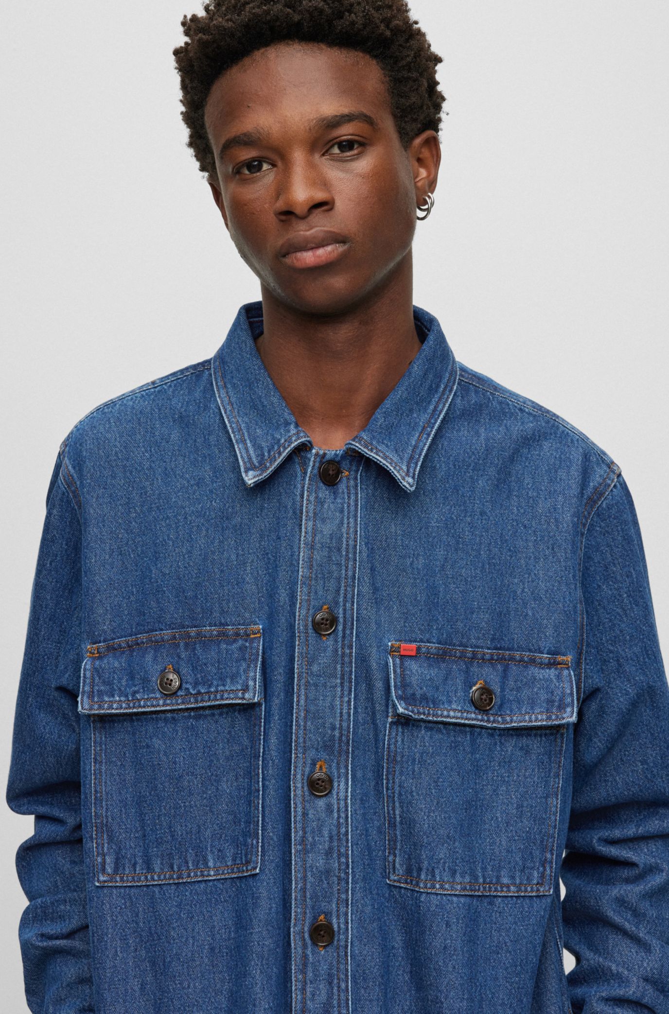 HUGO - Oversized-fit overshirt in cotton denim and logo detail