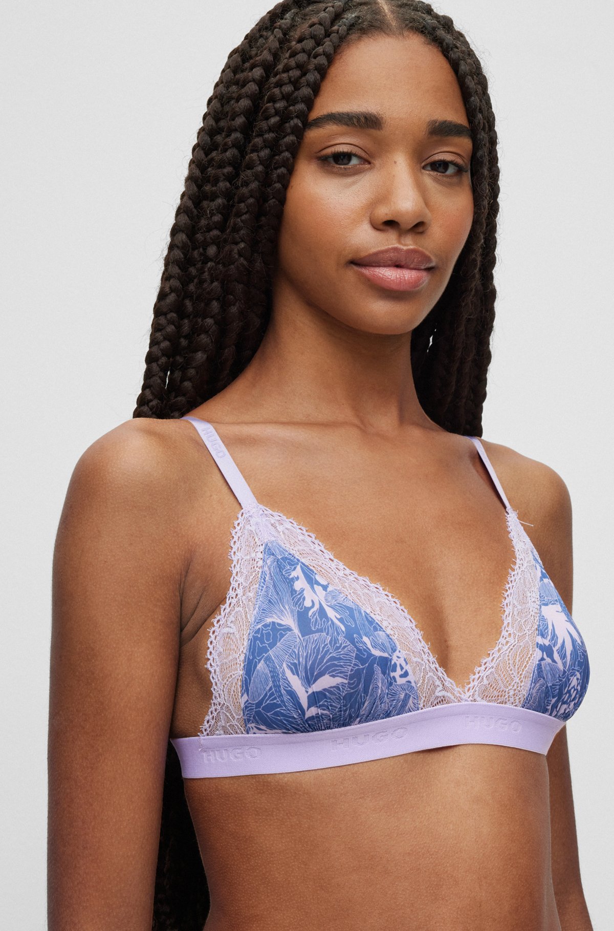 HUGO - Triangle bra with all-over print and lace trims