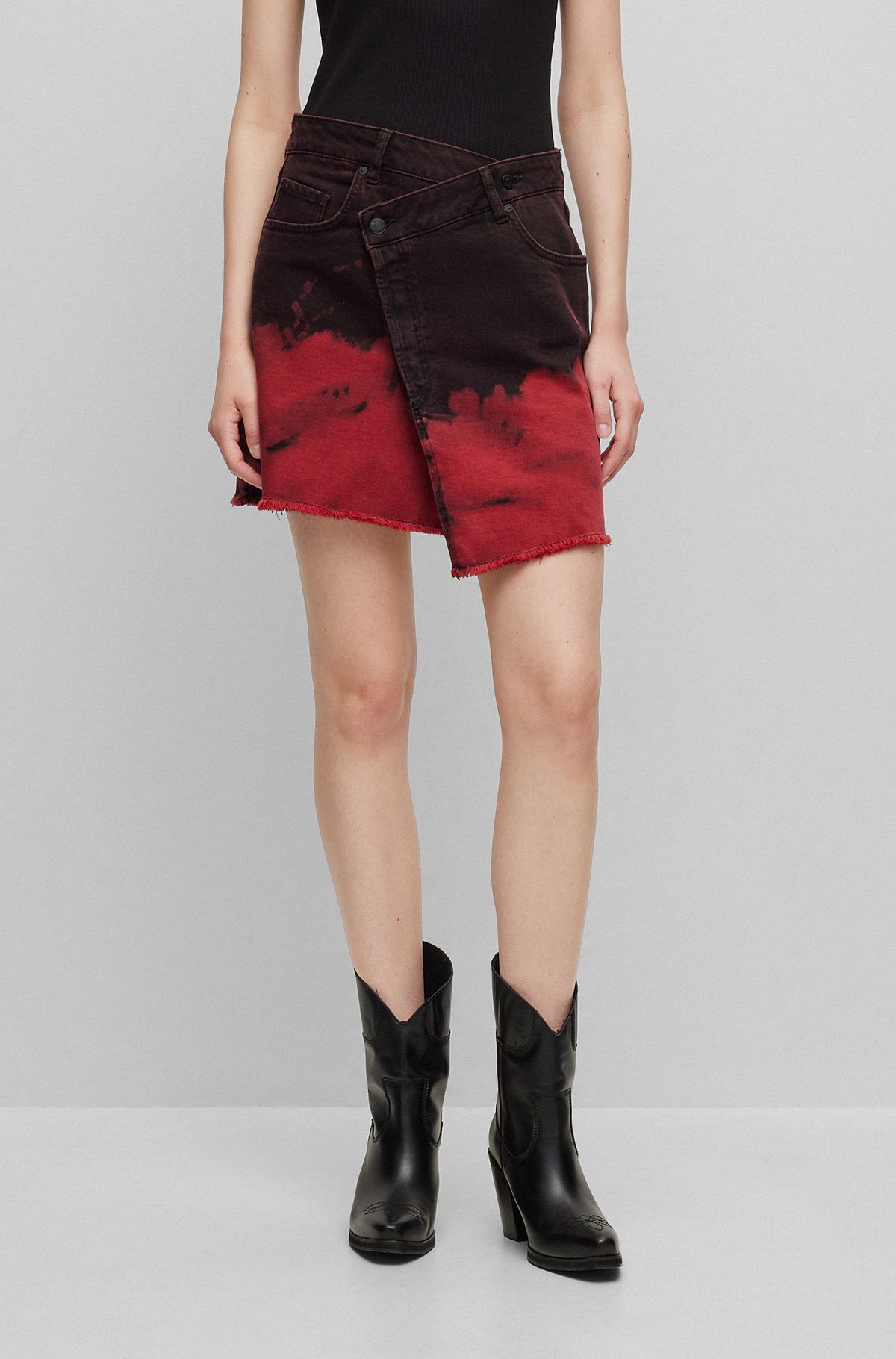 Asymmetric mini skirt in stretch denim with degradé effect, Patterned