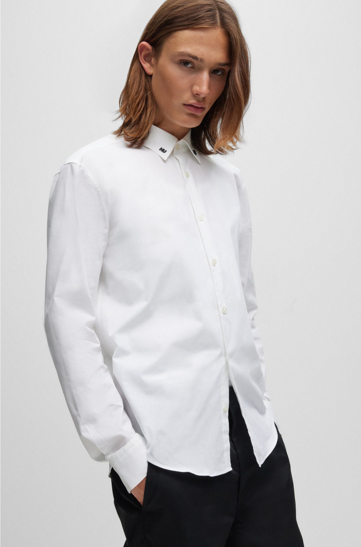 HUGO - Logo-collar slim-fit shirt in stretch-cotton canvas