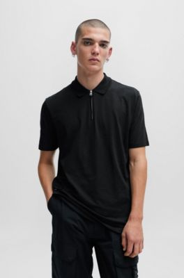 Hugo Boss Cotton-blend Polo Shirt With Zip Placket In Black