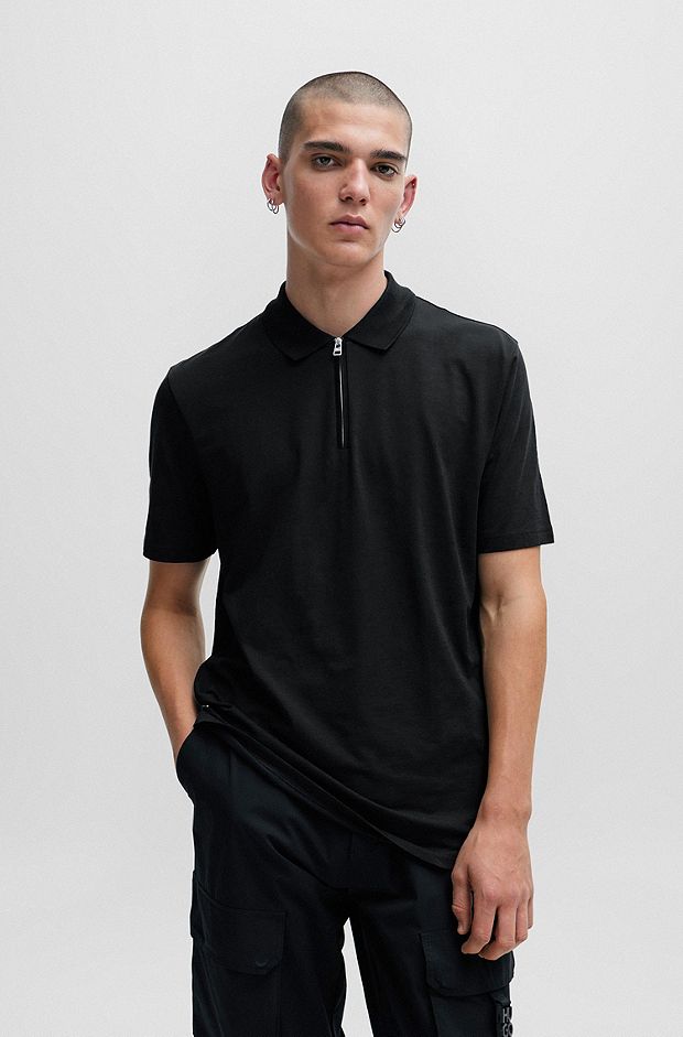 Cotton-blend polo shirt with zip placket, Black