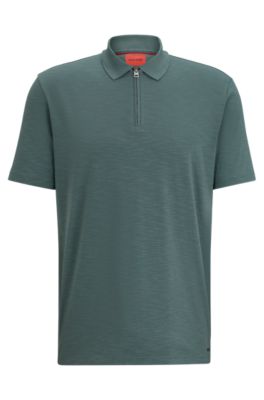 Hugo Cotton-blend Polo Shirt With Zip Placket In Dark Green
