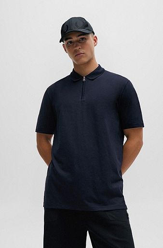 Cotton-blend polo shirt with zip placket, Dark Blue
