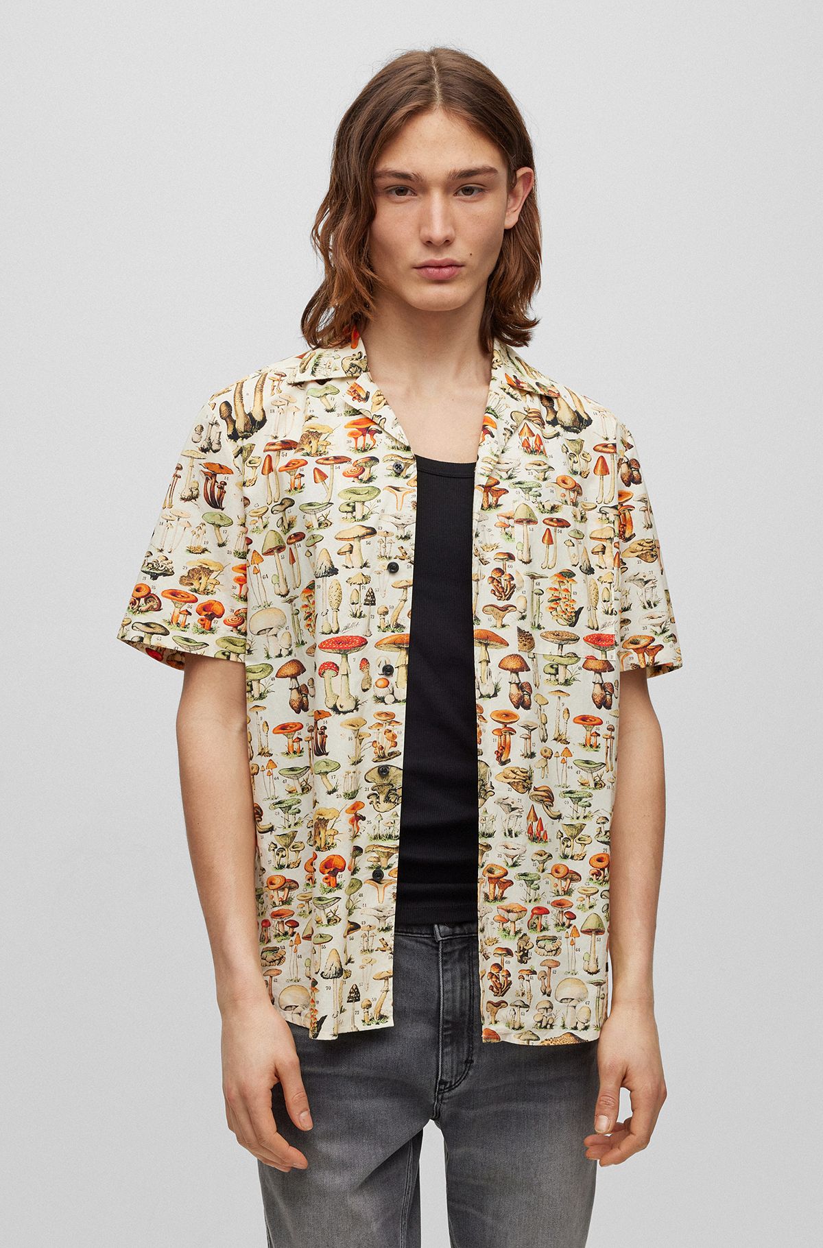Relaxed-fit shirt in mushroom-print cotton poplin, Beige