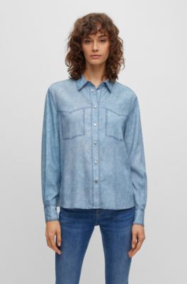 Hugo Boss Regular-fit Blouse With Denim-effect Print In Light Blue