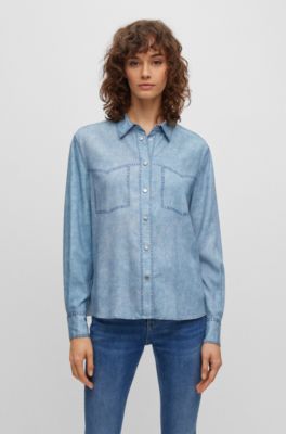 Shop Hugo Boss Regular-fit Blouse With Denim-effect Print In Light Blue