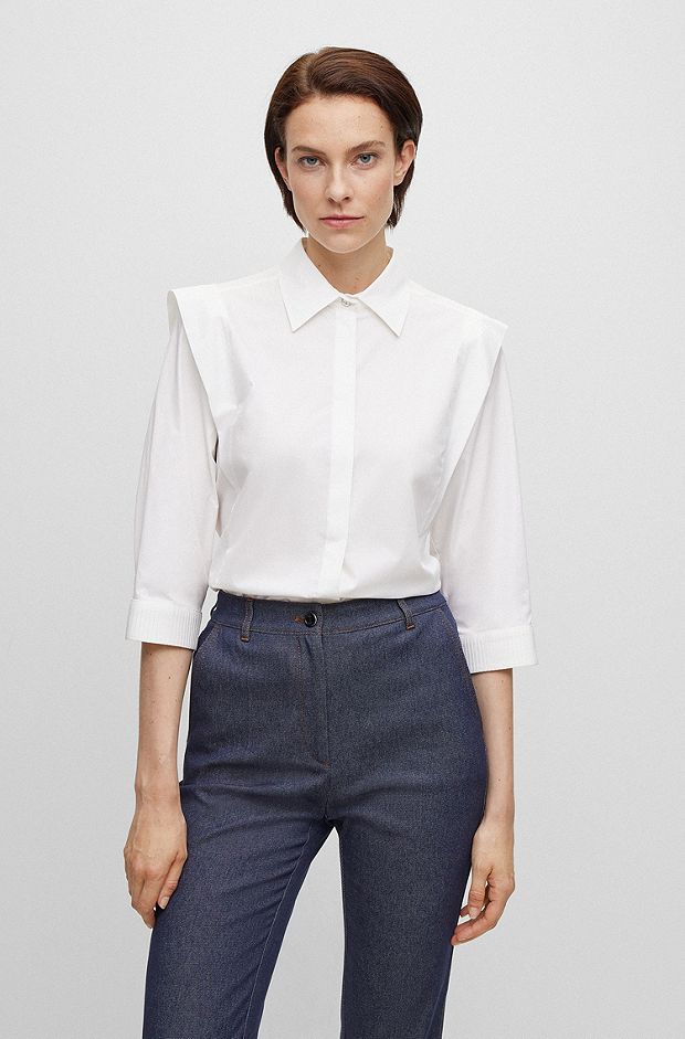 Regular-fit blouse in stretch cotton with cropped sleeve, White