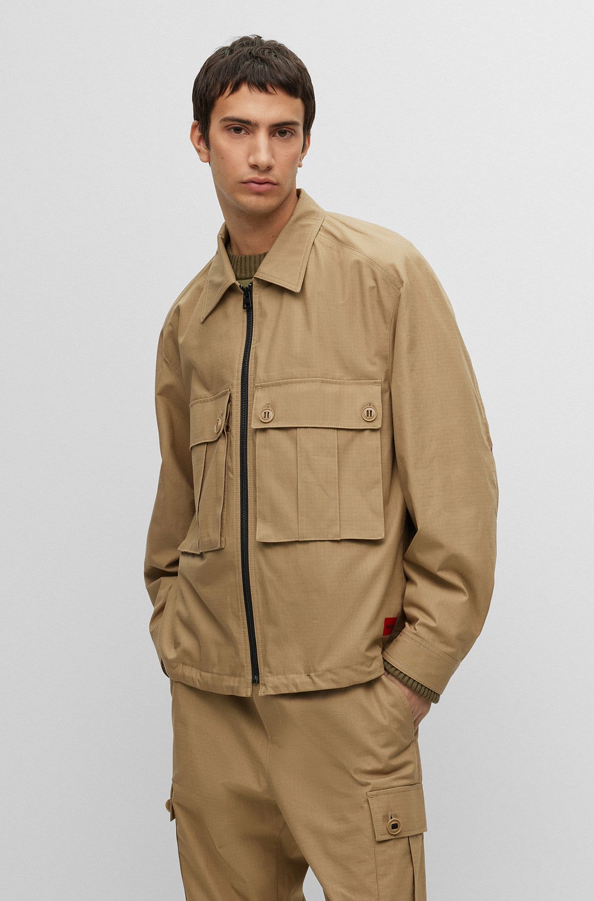 Veste Regular Fit en coton ripstop avec étiquette emblématique, Brun chiné