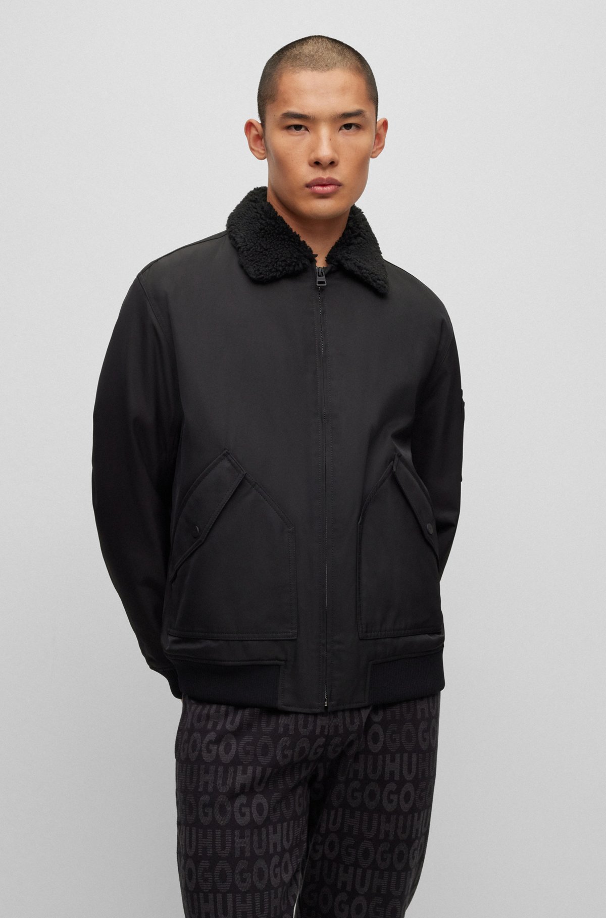 HUGO - Water-repellent padded bomber jacket with teddy collar