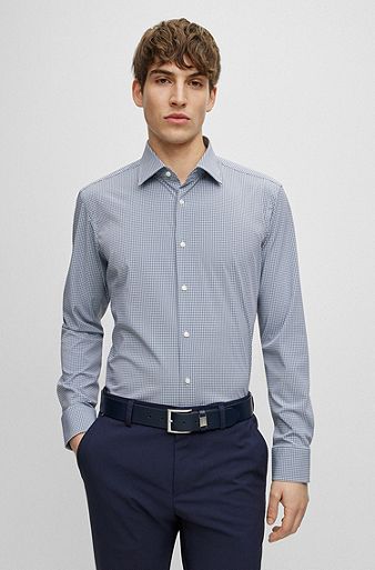 Regular-fit shirt in checked performance-stretch fabric, Light Blue