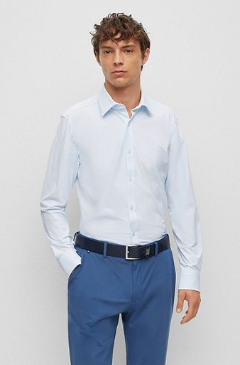Slim-fit shirt in structured performance-stretch fabric, Light Blue