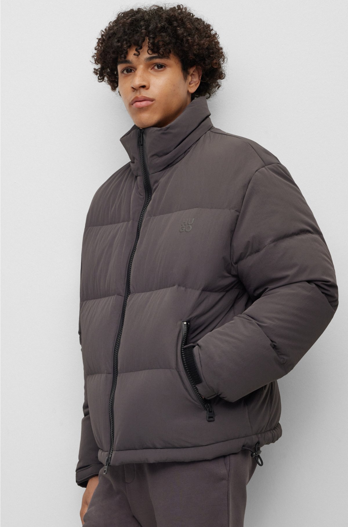 Water-repellent down jacket with detachable hood, Dark Grey