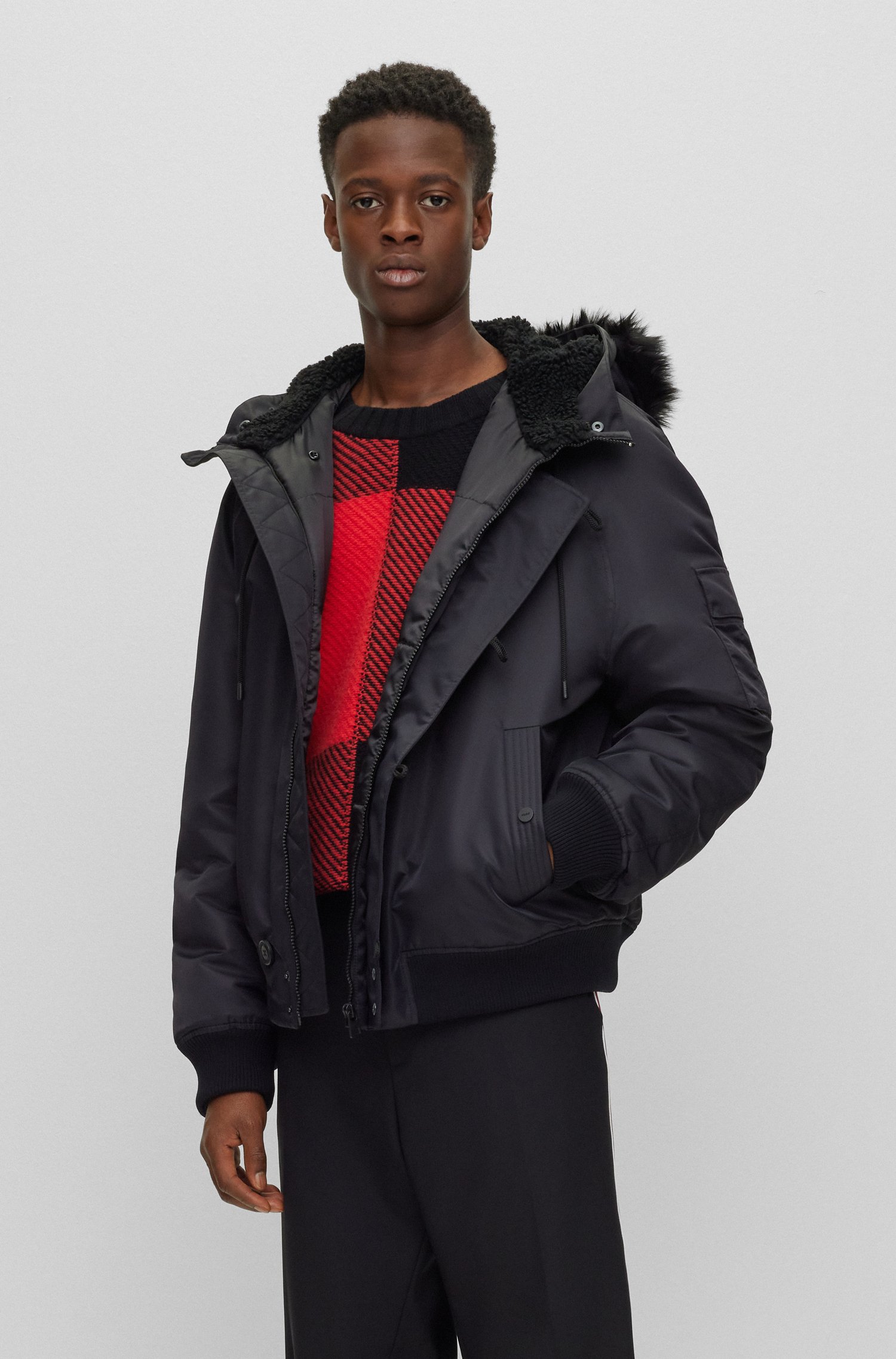 Water-repellent padded jacket with faux-fur hood lining