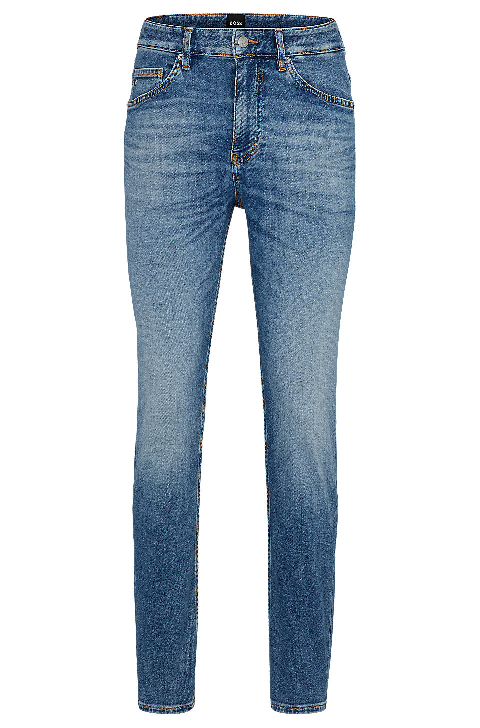 BOSS - Tapered-fit jeans in mid-blue Italian stretch denim